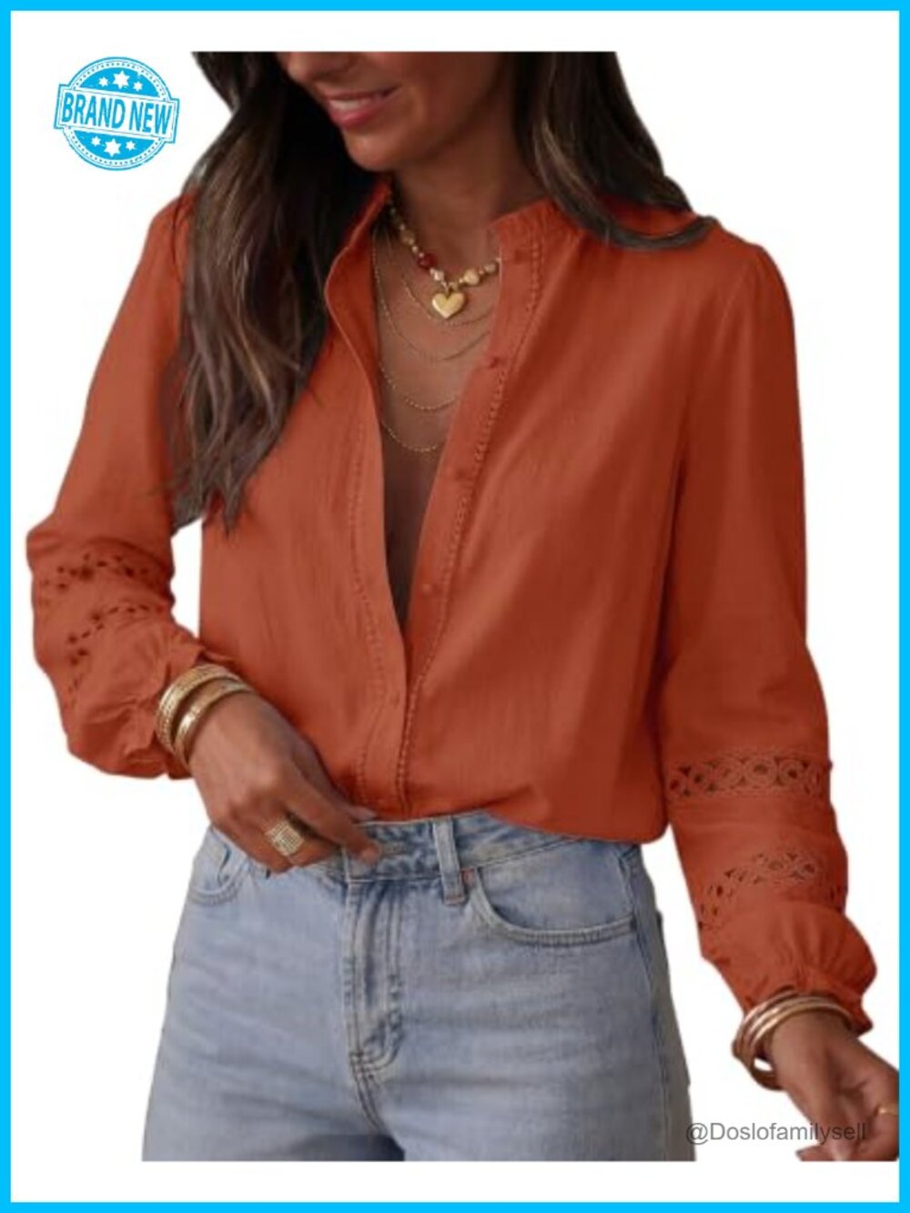 KIRUNDO Women's Cotton Eyelet Button Up Long Sleeve Blouse Loose Fit Casual